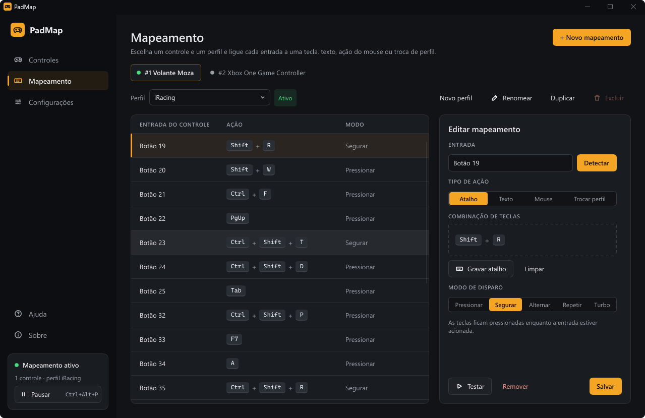 PadMap · Mapping: each input linked to an action